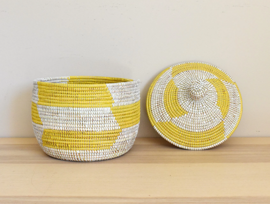 African Woven Decorative Storage Basket, Senegal Lidded Basket, Natural Palm Fiber, Toy Storage
