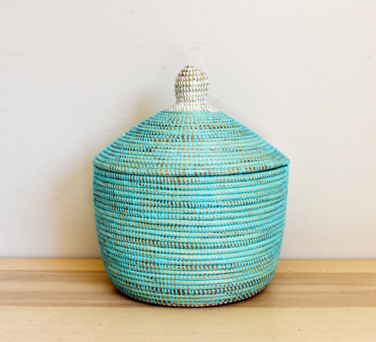 African Woven Decorative Storage Basket, Senegal Lidded Basket, Natural Palm Fiber, Toy Storage