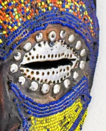 Hand-Carved African Mask, Congo Mask Made of Wood, Beads and Metal, Wall Decor