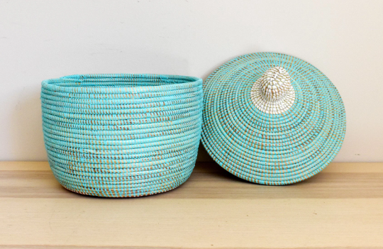 African Woven Decorative Storage Basket, Senegal Lidded Basket, Natural Palm Fiber, Toy Storage