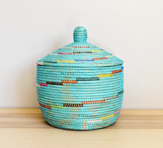 African Woven Decorative Storage Basket, Senegal Lidded Basket, Natural Palm Fiber, Toy Storage