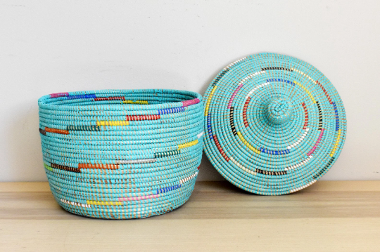 African Woven Decorative Storage Basket, Senegal Lidded Basket, Natural Palm Fiber, Toy Storage