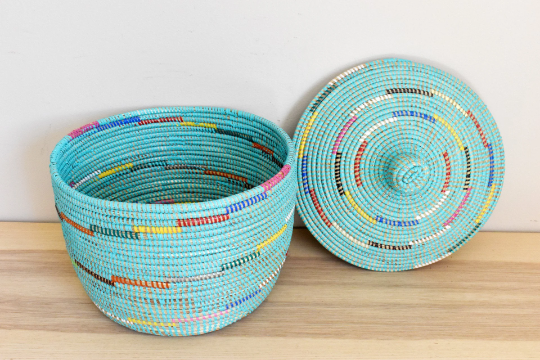 African Woven Decorative Storage Basket, Senegal Lidded Basket, Natural Palm Fiber, Toy Storage