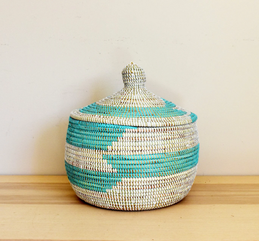 African Woven Decorative Storage Basket, Senegal Lidded Basket, Natural Palm Fiber, Toy Storage