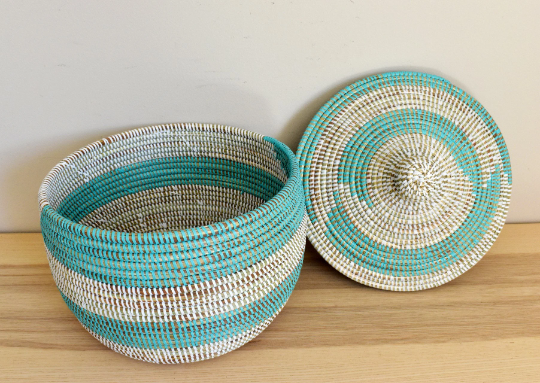 African Woven Decorative Storage Basket, Senegal Lidded Basket, Natural Palm Fiber, Toy Storage