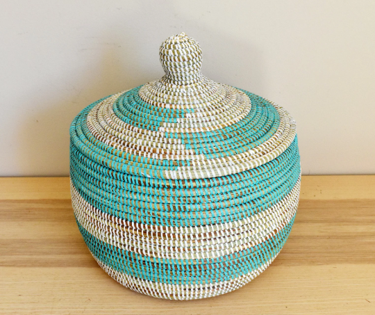 African Woven Decorative Storage Basket, Senegal Lidded Basket, Natural Palm Fiber, Toy Storage