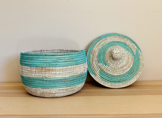 African Woven Decorative Storage Basket, Senegal Lidded Basket, Natural Palm Fiber, Toy Storage