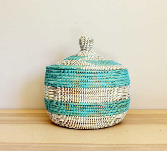 African Woven Decorative Storage Basket, Senegal Lidded Basket, Natural Palm Fiber, Toy Storage