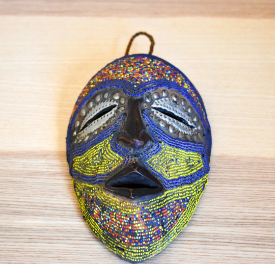 Hand-Carved African Mask, Congo Mask Made of Wood, Beads and Metal, Wall Decor